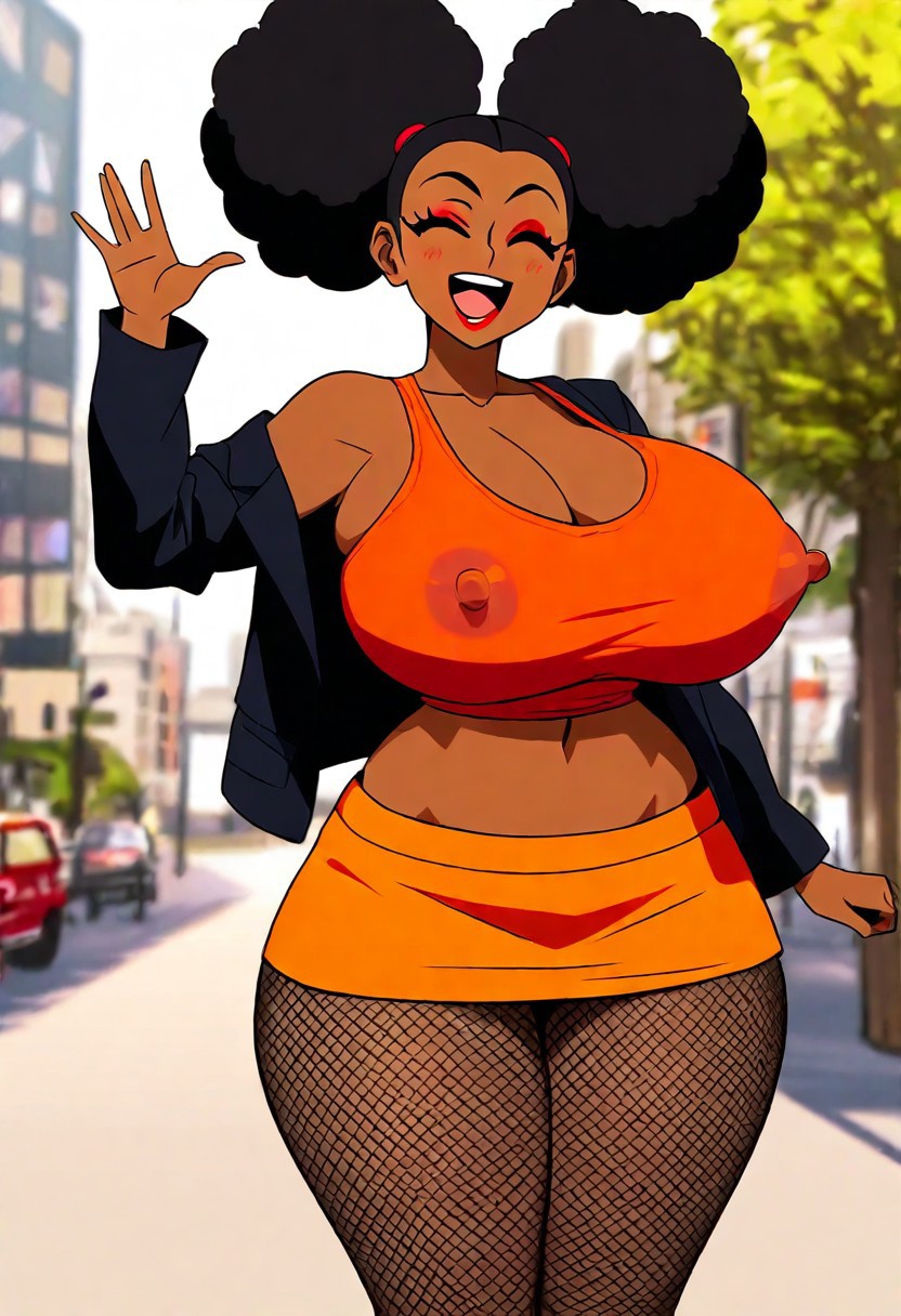 1girl african_female afro_puffs black_hair cleavage cowboy_shot dark-skinned_female excited eyes_closed eyeshadow female_only fishnet_legwear fishnets happy happy_eyes huge_breasts jacket jyubei_(style) legs_together lipstick midriff nipple_bulge open_mouth orange_clothing outdoors red_eyeshadow red_lipstick skirt smile solo street tank_top thick_thighs waving wide_hips