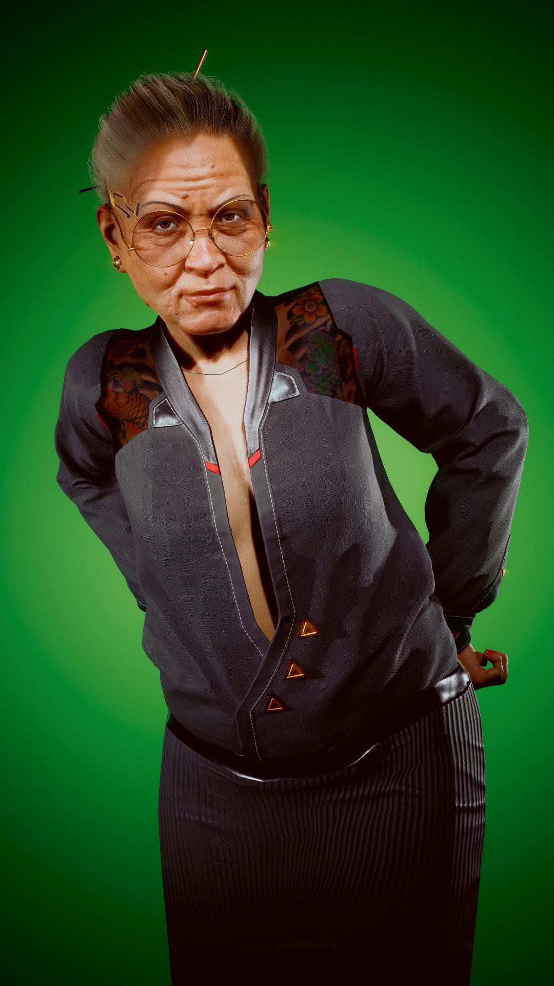 cyberpunk_2077 gilf granny older_female tattoo thick_thighs wakako_okada