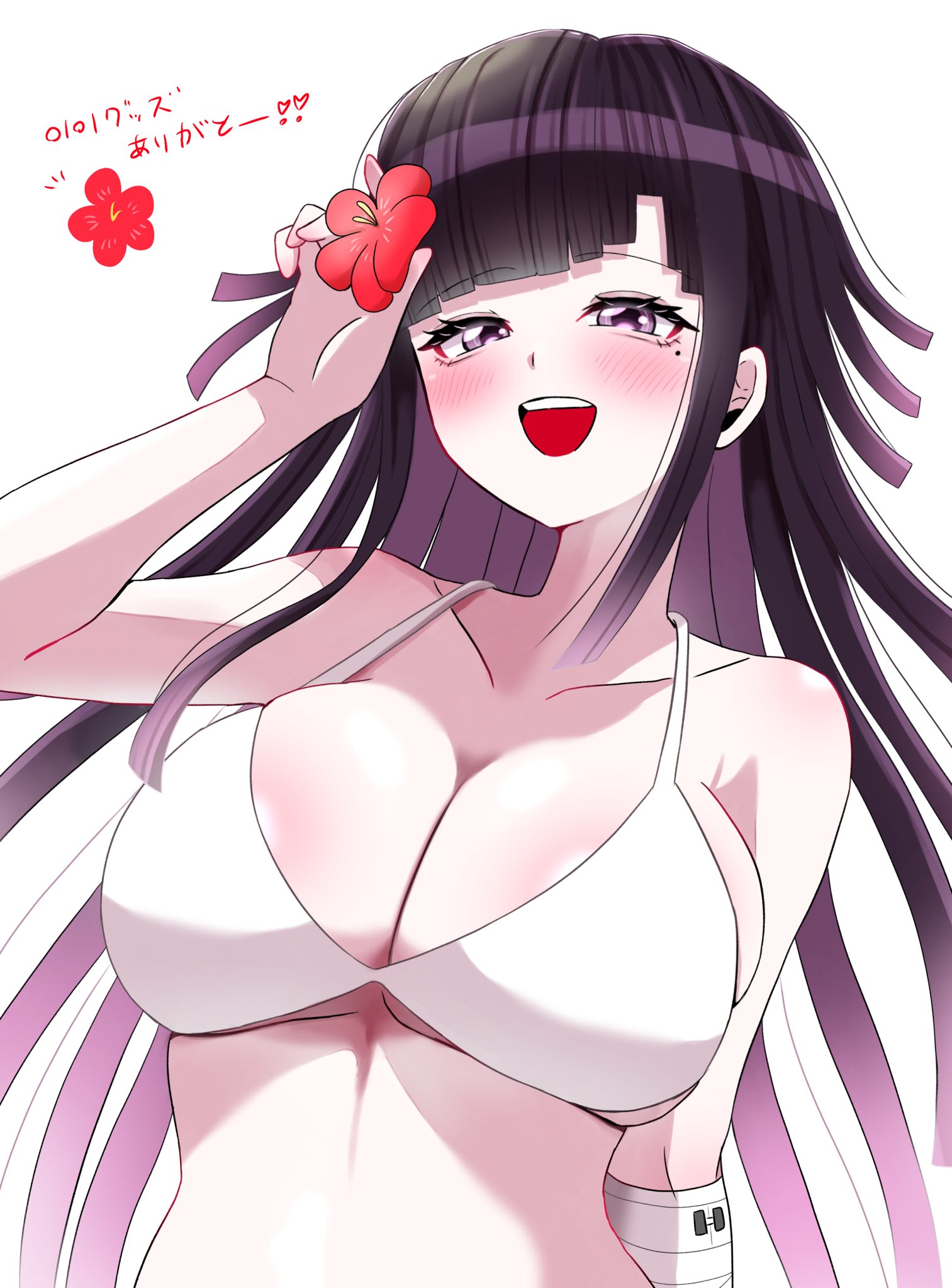 :d, 1girls, adorable, big breasts, bikini, blush, breasts, busty, cleavage, collarbone, curvaceous, curvy, curvy body, curvy female, curvy figure, cute, cute but busty, danganronpa, danganronpa 2: goodbye despair, female, female focus, female only, flower, half-closed eyes, highres, holding, holding flower, hourglass figure, huge breasts, large breasts, mole, mole under eye, mozuku (iiiiiiimomo), open mouth, pink eyes, red flower, simple background, skindentation, smile, solo, solo female, solo focus, swimsuit, teeth, translation request, tsumiki mikan, upper body, upper teeth, voluptuous, voluptuous female, white background, white bikini