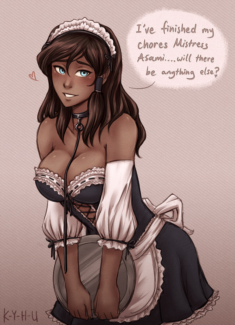 1girls, avatar legends, big breasts, blue eyes, blush, bondage, breasts, brown hair, canon couple, choker, cleavage, clothing, collar, couple, dark skin, dark-skinned female, dark-skinned sub, detached sleeves, dialogue, dominatrix, dress, english text, female, femdom, femsub, frills, happy sub, heart, human, k-y-h-u, korra, large breasts, leash, long hair, maid, maid headdress, maid outfit, maid uniform, slave, slave collar, smile, solo, speech bubble, text, the avatar, the legend of korra, voluptuous, water tribe