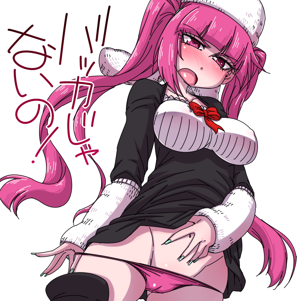 big_breasts black_dress bleach blush breasts cameltoe dokugamine_riruka green_nails groin hanya_(hanya_yashiki) hat long_hair long_sleeves nail_polish open_mouth panties panty_pull purple_eyes purple_hair purple_panties shirt_lift twintails underwear