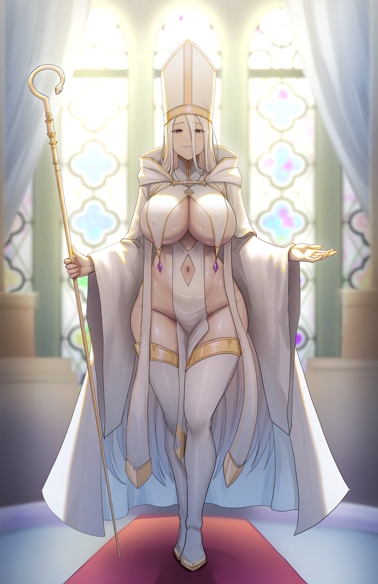 1girls absurdres big_breasts church curtains dryseaweed glass_window holding_object holy huge_breasts nun priest purple_eyes saint smiling tagme thick_thighs white_clothes white_hair windows