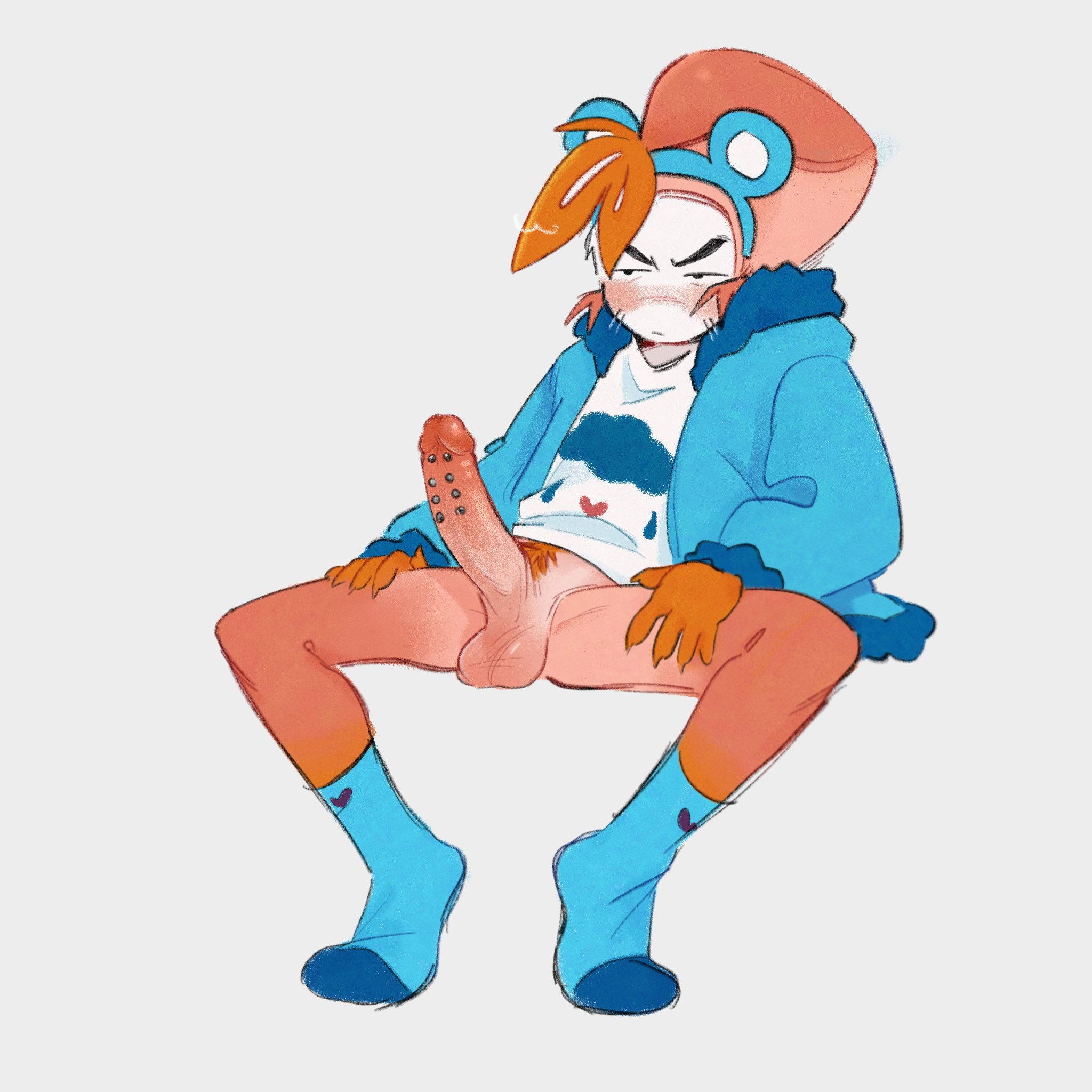 1boy, big penis, blush, care bears, dandy's world, grumpy bear shrimpo, pierced genitals, pierced penis, piercing, pubic hair, roblox game, shrimpo (dandy's world), solo male
