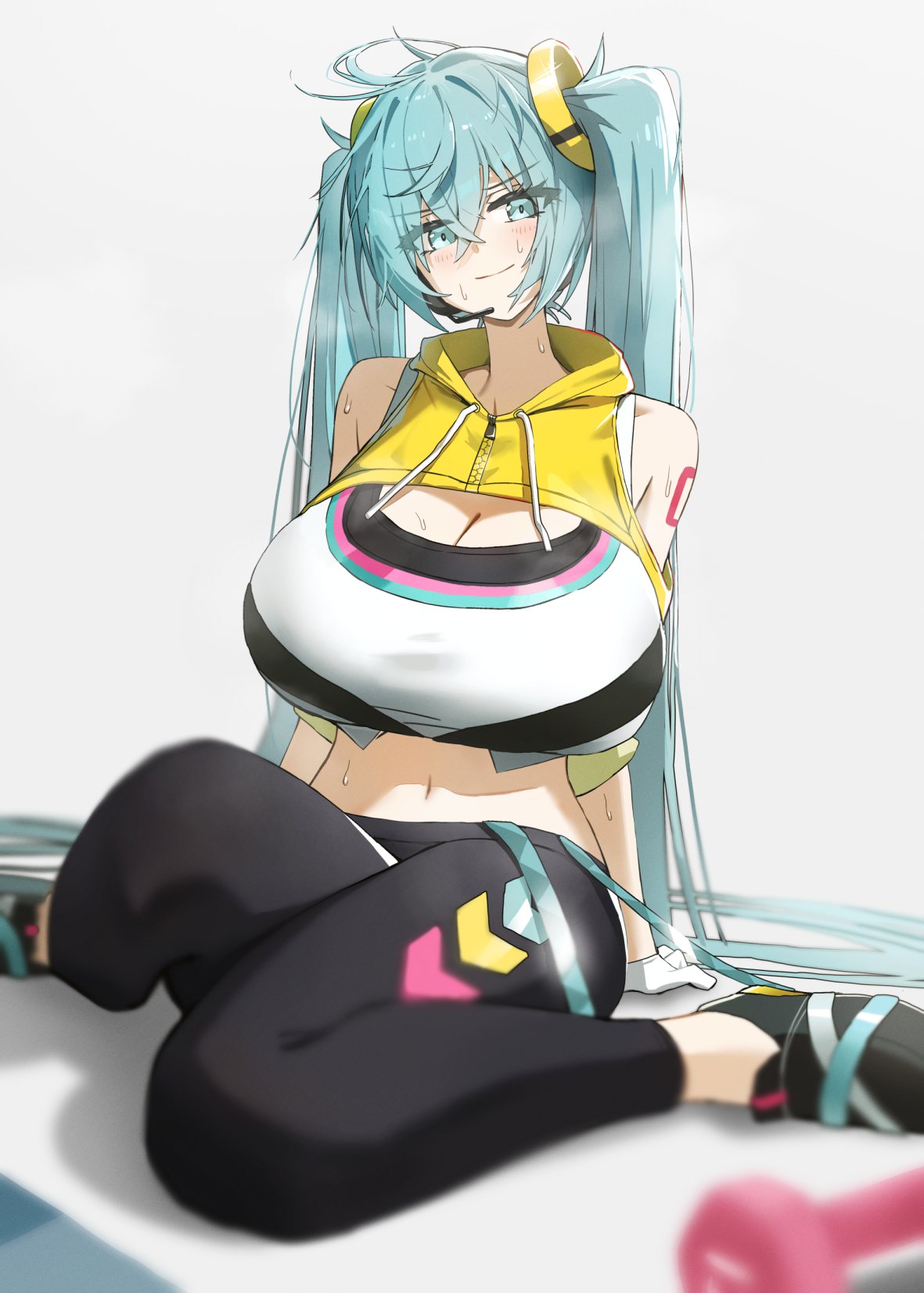 1girl, alternate breast size, aqua eyes, aqua hair, ass, bangs, bare shoulders, black pants, blue eyes, blue hair, blurry, blush, breasts, cleavage, closed mouth, clothed, female, gloves, hair between eyes, hatsune miku, huge ass, huge breasts, long hair, looking at viewer, midriff, navel, number tattoo, pants, shoes, simple background, sitting, smile, solo, sports bra, sweat, tattoo, thick thighs, twintails, very long hair, vocaloid, white gloves, yoga pants