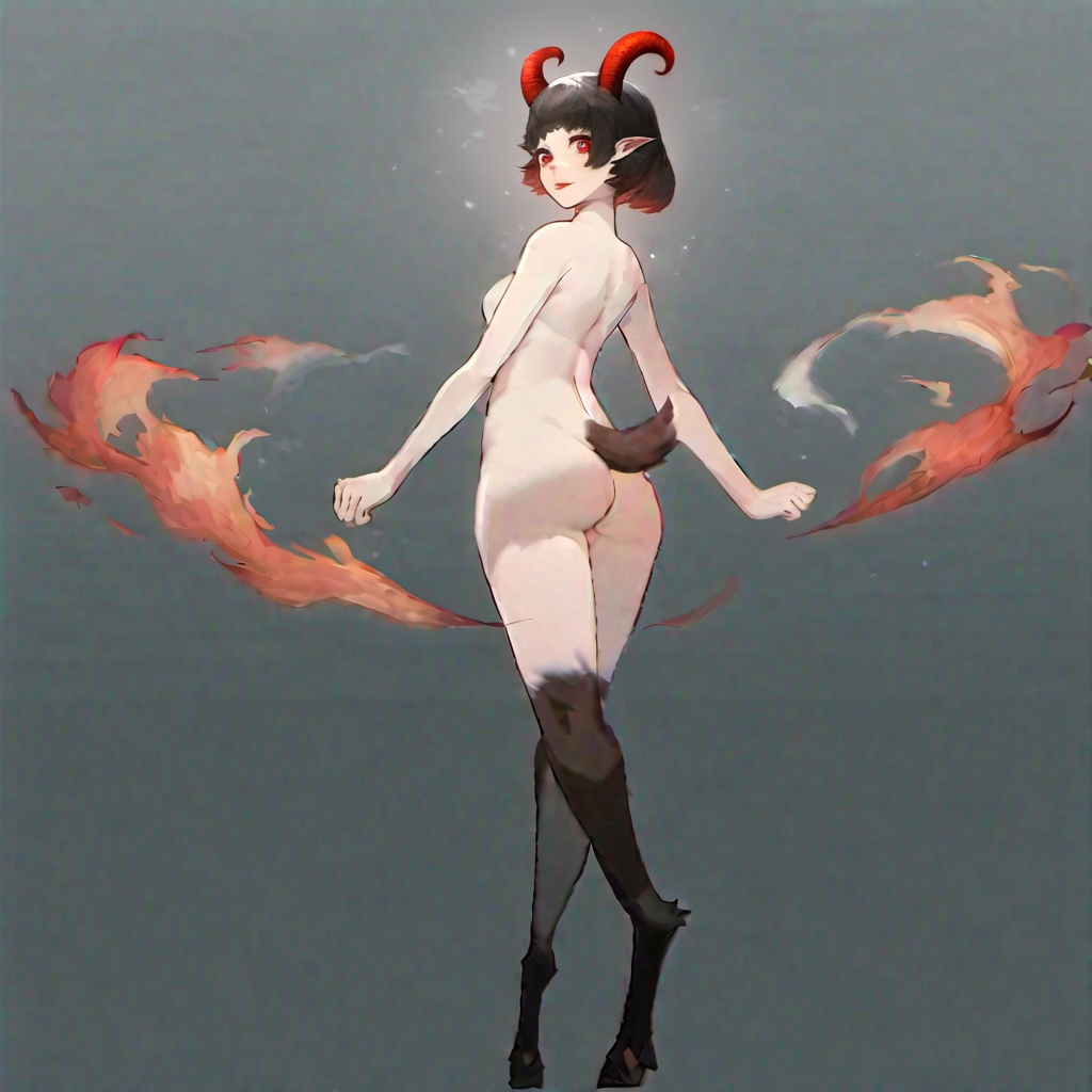 ai_generated black_hair butt_crack character_request cookie-girl demon demon_girl demon_horns digitigrade elf_ears fire from_behind goat_legs goat_tail hooves looking_back magic naked red_eyes sideboob simple_background