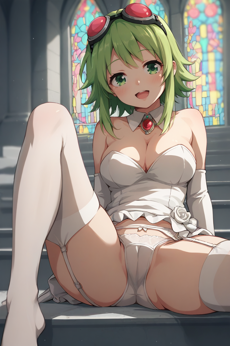 ai_generated cameltoe female garter_straps goggles_on_head green_eyes green_hair gumi gumiafterdark looking_at_viewer medium_breasts medium_hair megpoid_gumi panties sidelocks solo thighhighs vocaloid wedding_dress white_panties white_thighhighs