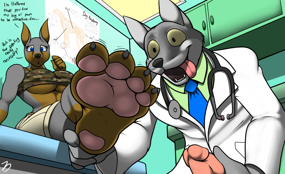 anthro, big eyes, blue eyes, camo, canine, clothes, doberman, doctor, erection, female, foot fetish, fur, furry, hindpaw, male, mammal, masturbation, panting, paws, penis, sitting, smile, stethoscope, toes, tongue, unprofessional behavior, wolf, zp92