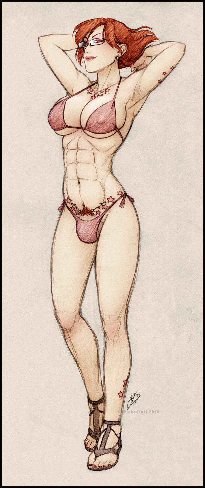 1futa, abs, armpits, arms up, big penis, bikini, breasts, bulge, cleavage, earrings, erect nipples, futa only, futanari, glasses, intersex, large breasts, large penis, mey-mey, muscles, muscular, nail polish, navel, nipples, penis, pubic hair, red eyes, red hair, sandals, short hair, solo, standing, swimsuit, tattoo, wickedj