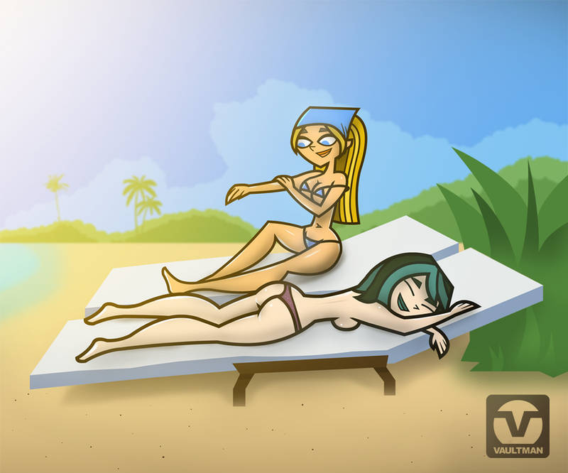 2girls artist_logo artist_name bikini blonde_hair blue_bikini gwen_(tdi) lindsay_(tdi) sunbathing swimsuit topless topless_female total_drama_island two_tone_hair vaultman