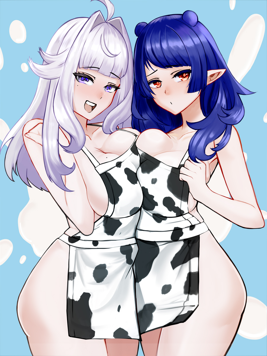 2girls apron apron_only blue_hair breast_press breasts cow_print_apron dizzy_dokuro duo ember_amane eyebrows_visible_through_hair female female_only heiz_(heiz_illust) huge_breasts light-skinned_female light_skin phase_connect phase_invaders pointy_ears purple_eyes red_eyes virtual_youtuber white_hair