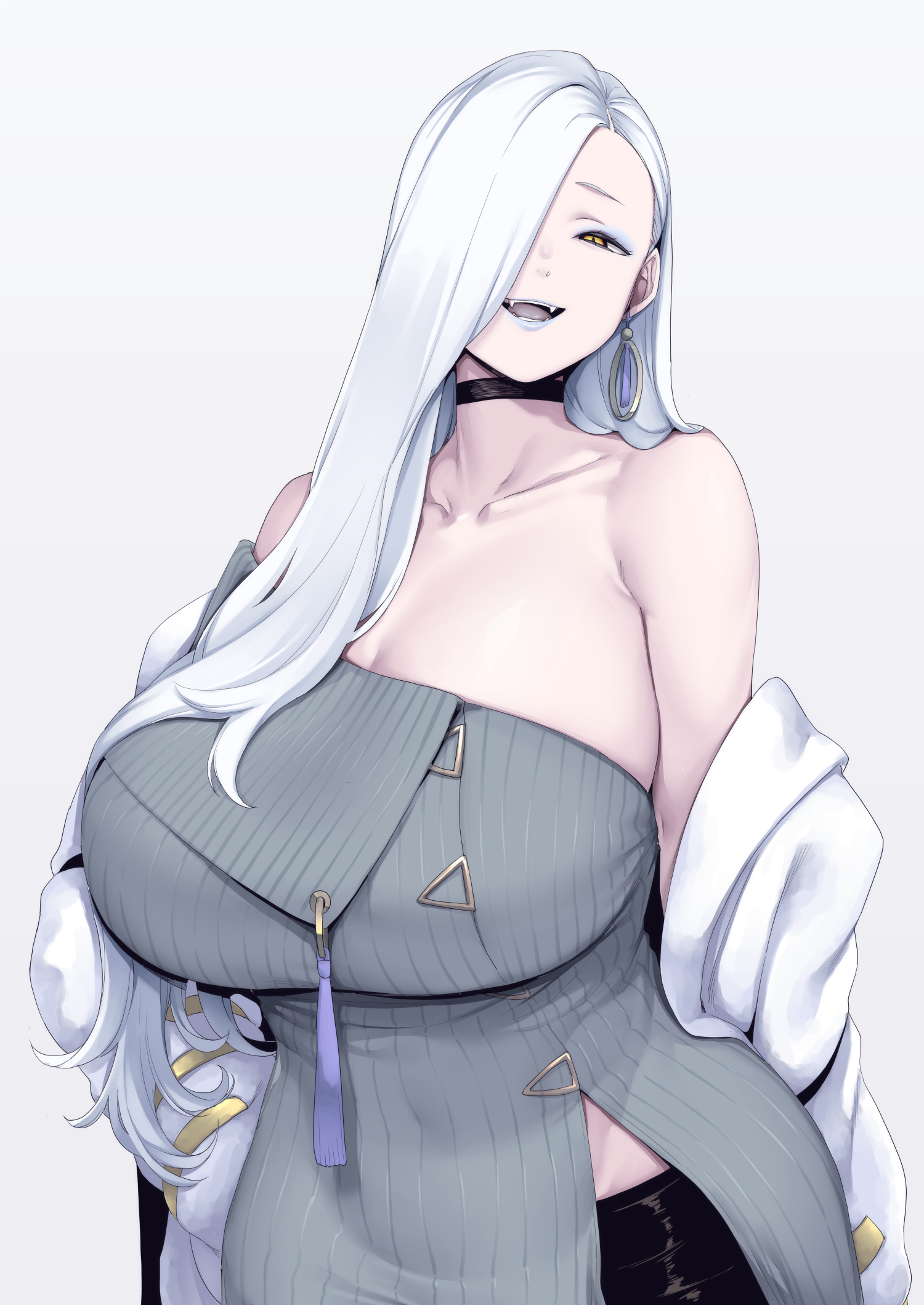 1girls, 2025, big breasts, blue eyeshadow, blue lipstick, breasts, breasts bigger than head, busty, choker, cleavage, clothed, clothed female, clothing, cowboy shot, curvaceous, curvy, dress, earrings, eyeshadow, fangs, fate (series), fate/grand order, female, front view, fully clothed, gigantic breasts, hair, hair over one eye, half-closed eyes, hebinyobo (fate grand order), hebinyobo (second ascension), hi res, huge breasts, humanoid, large breasts, light skin, light-skinned female, lipstick, long hair, makeup, nakamura regura, narrowed eyes, omi-san (fate), open mouth, simple background, skindentation, slit pupils, smile, smiling, solo, standing, strapless, strapless dress, tassel earrings, teeth, thick thighs, thighs, tongue, white background, white hair, wide hips, yellow eyes