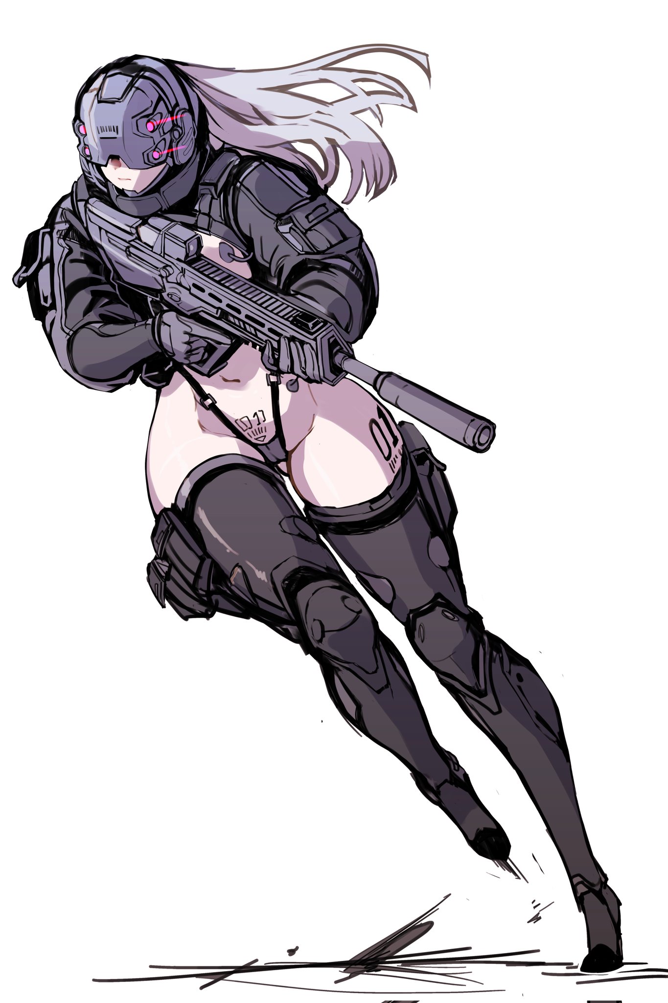 gun, helmet, holding weapon, sirpetus, skimpy, soldier, tactical nudity