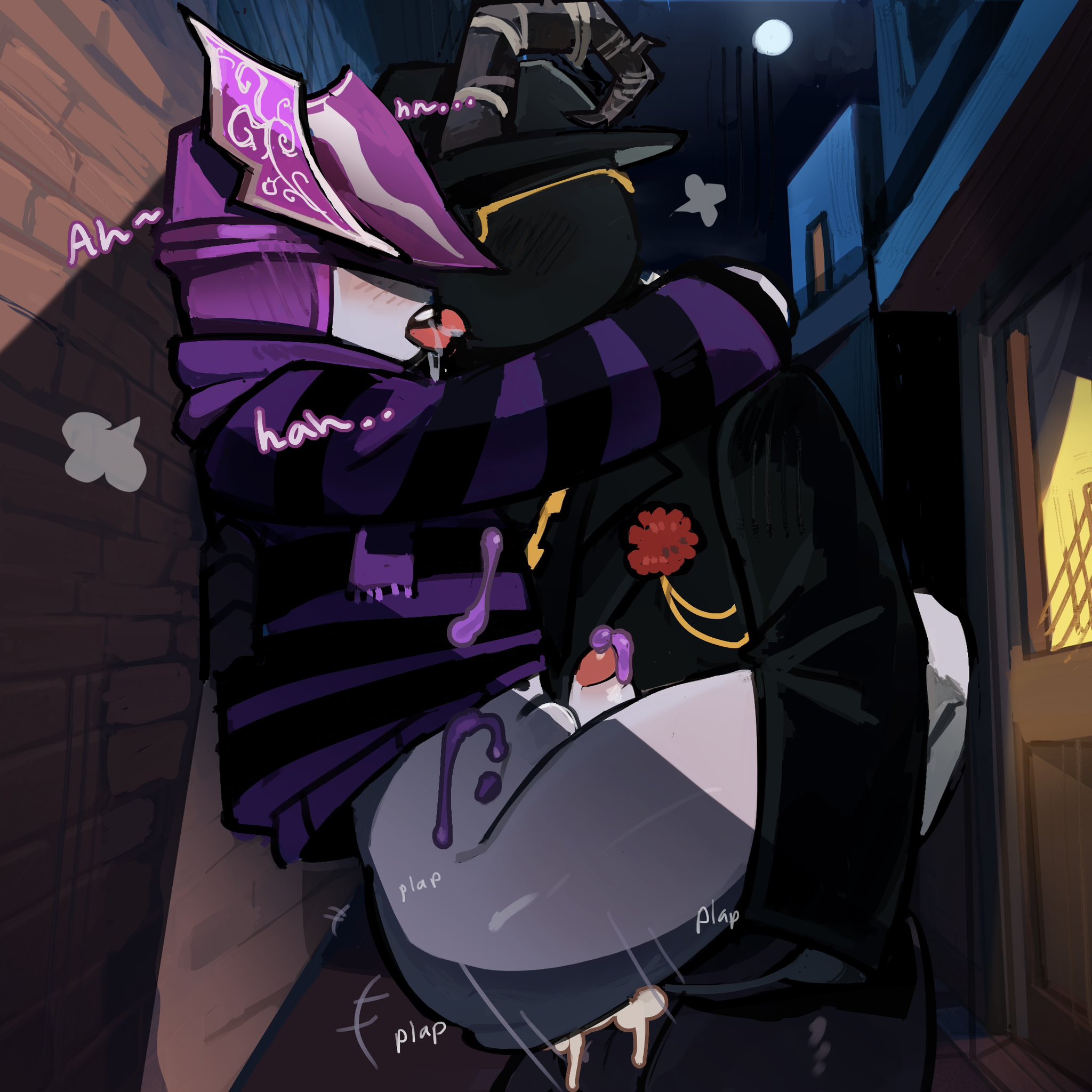 2boys, against wall, anal, anal sex, balls, belly bulge, black skin, blush, bottomless, commission, cum, cum in ass, drool, drool string, gay, gay sex, making out, male, onomatopoeia, original character, outdoors, penis, plap, roblox, roblox avatar, robloxian, sabobonds, standing, standing sex, white skin, yaoi
