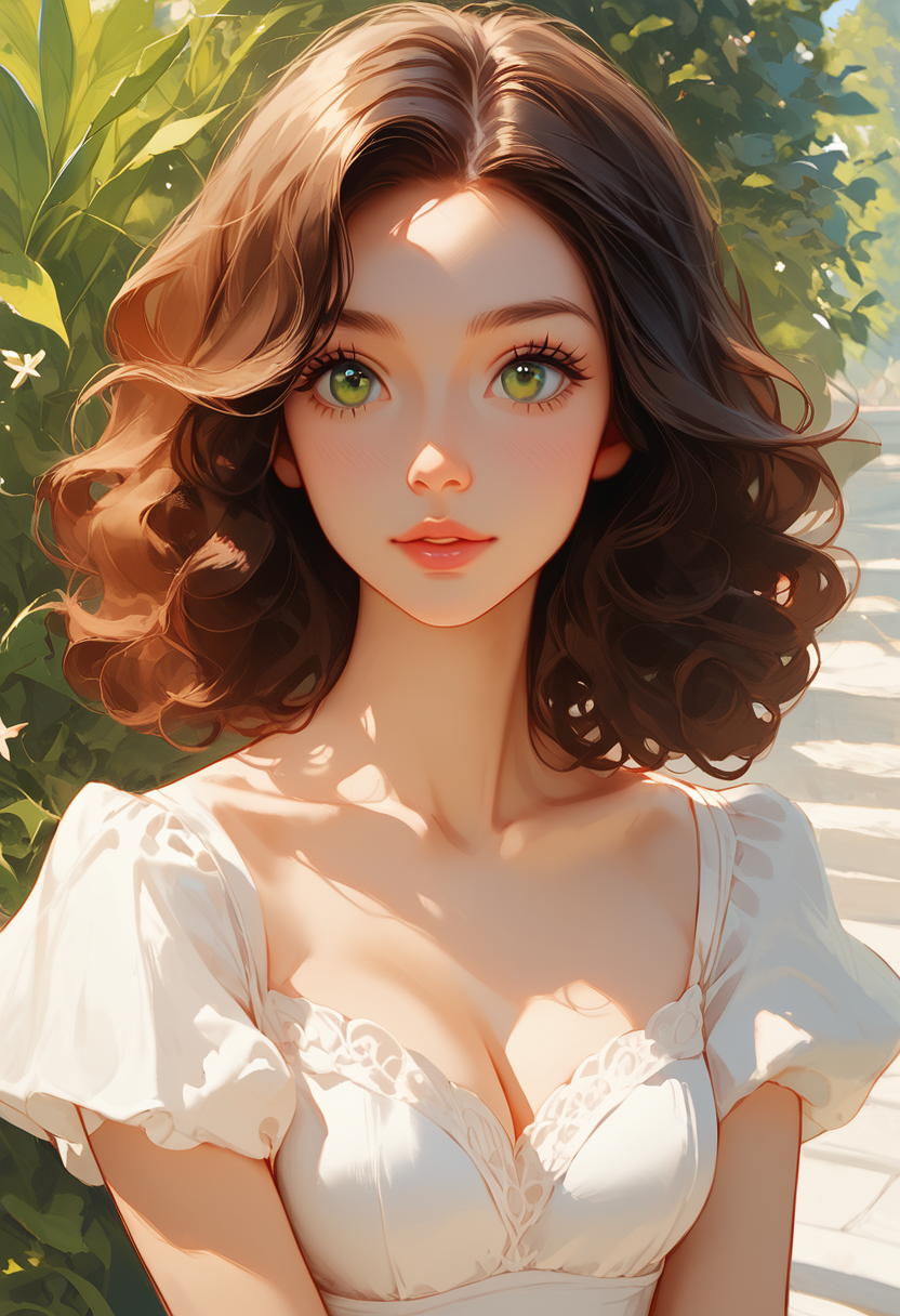 ai_generated big_breasts brown_hair cleavage female garden sunlight