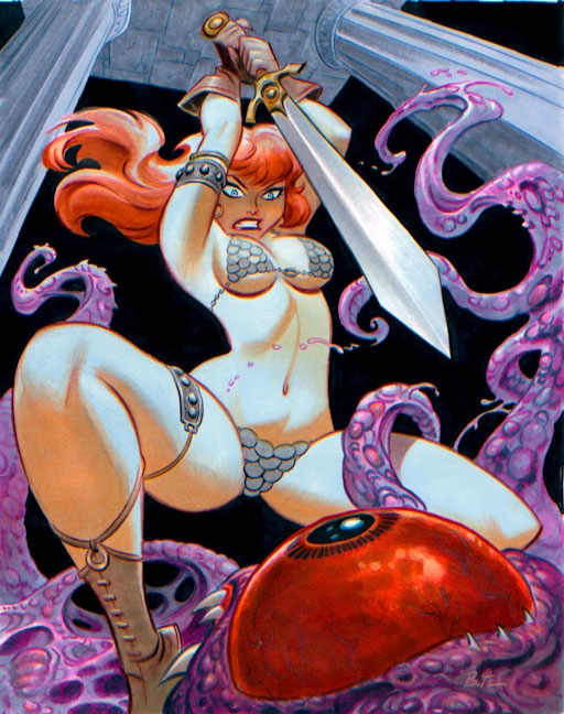 1girls armor bikini bikini_armor bruce_timm chainmail chainmail_bikini clothing female loincloth long_hair muscular red_hair red_sonja red_sonja_(comics) spread_legs tentacle weapon