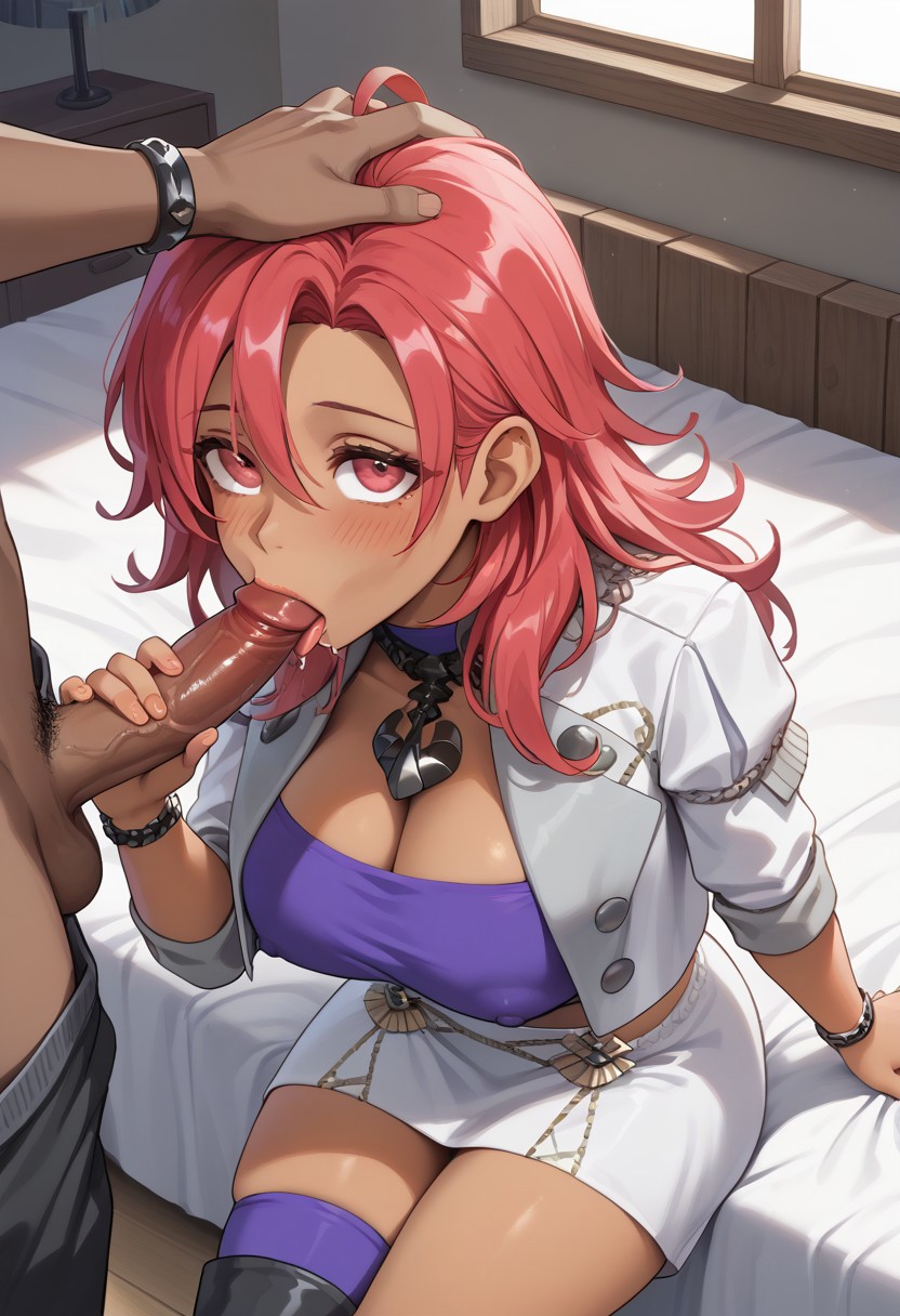 ai_generated bed bedroom blowjob dark-skinned_female dark-skinned_male dark_penis dark_skin day female fire_emblem fire_emblem:_three_houses hapi_(fire_emblem) indoors male male/female red_hair young