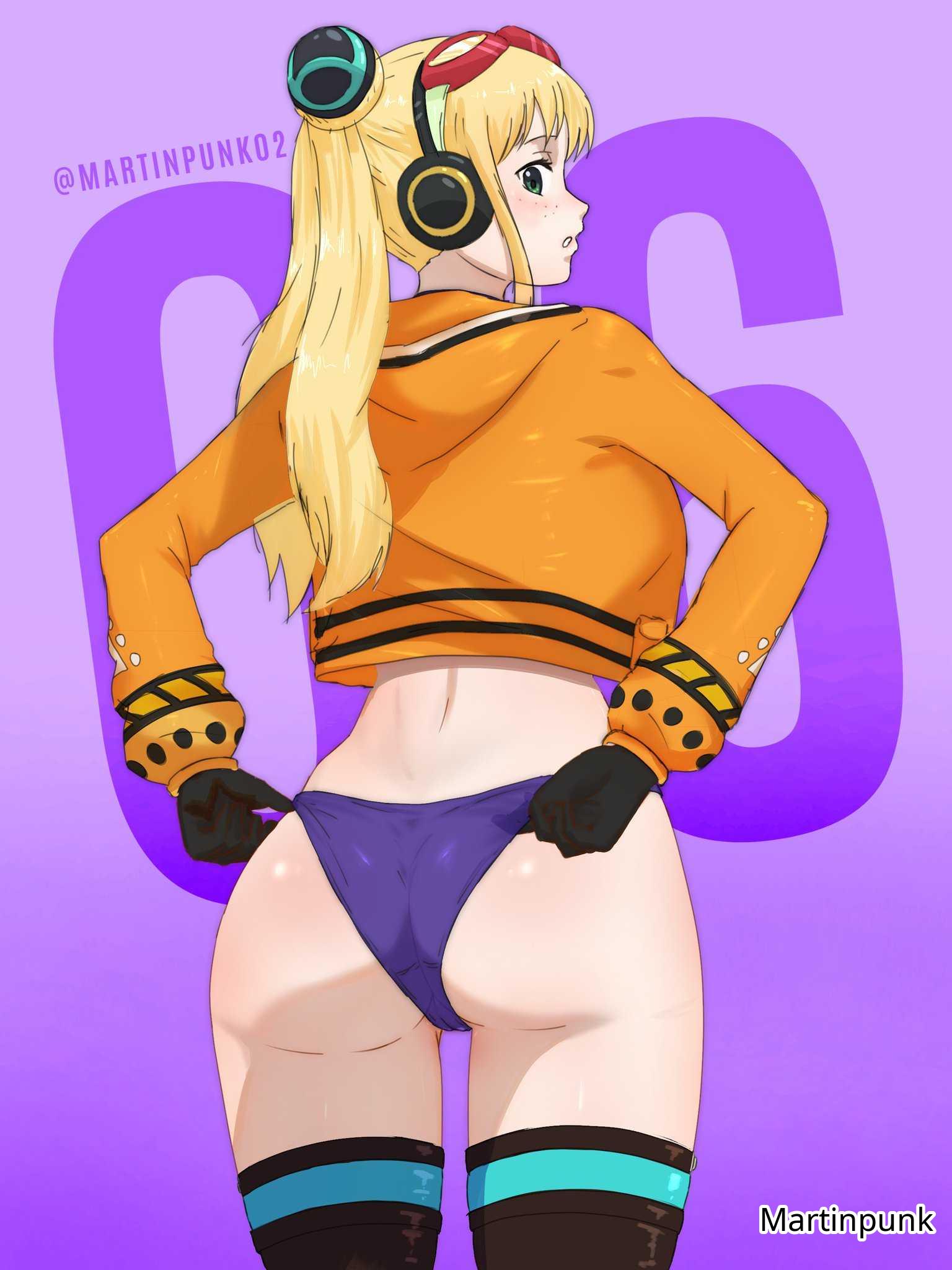 1girls, ass, bare thighs, blonde hair, blonde-haired female, breasts, eyewear, eyewear on head, female, female only, freckles, freckles on face, from behind, goggles, goggles on head, green eyes, large ass, large breasts, long hair, looking back, martinpunk, one piece, purple background, solo, thighs, twintails, vegapunk york