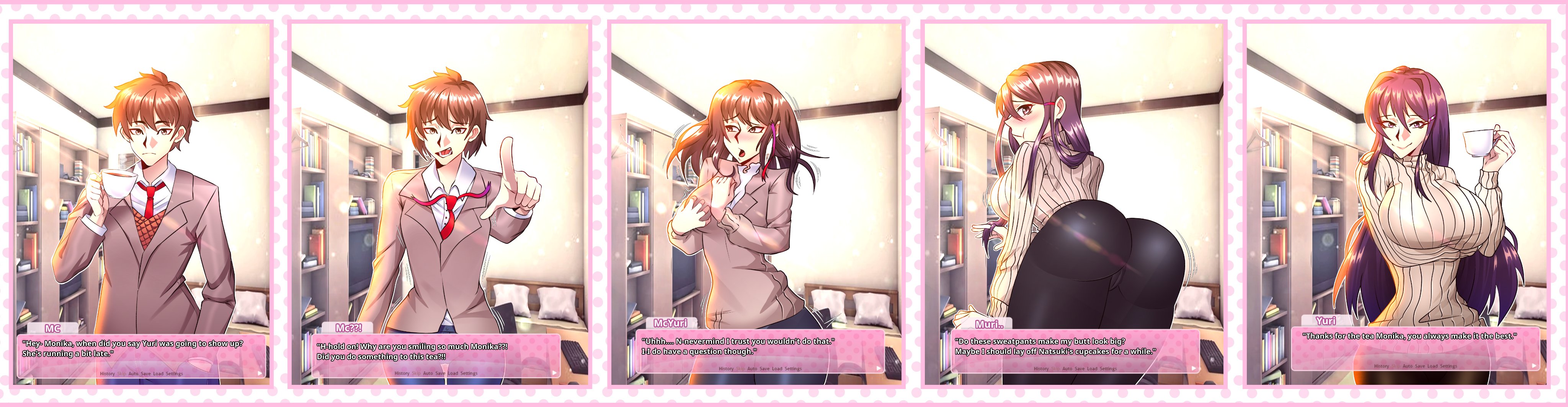 1boy, 1girls, ass, ass expansion, big ass, big breasts, breast expansion, breast growth, breast growth (enlargement), breasts, clothed, clothing, doki doki literature club, english text, erasethismail, female, feminization, genderswap, genderswap (mtf), huge breasts, light skin, light-skinned female, light-skinned male, long hair, looking at viewer, male, mc (doki doki literature club!), purple hair, rule 63, short hair, text, transformation, yuri (doki doki literature club)