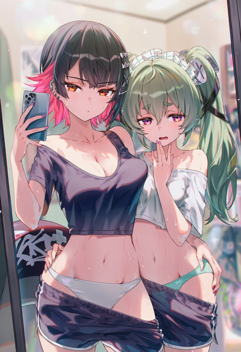 2girls, ai generated, black hair, corin wickes, crop top, ellen joe, embarrassed female, female, female focus, female only, green hair, mirror reflection, mirror selfie, neutral expression, panties exposed, pants down, phone camera, raaicave, zenless zone zero