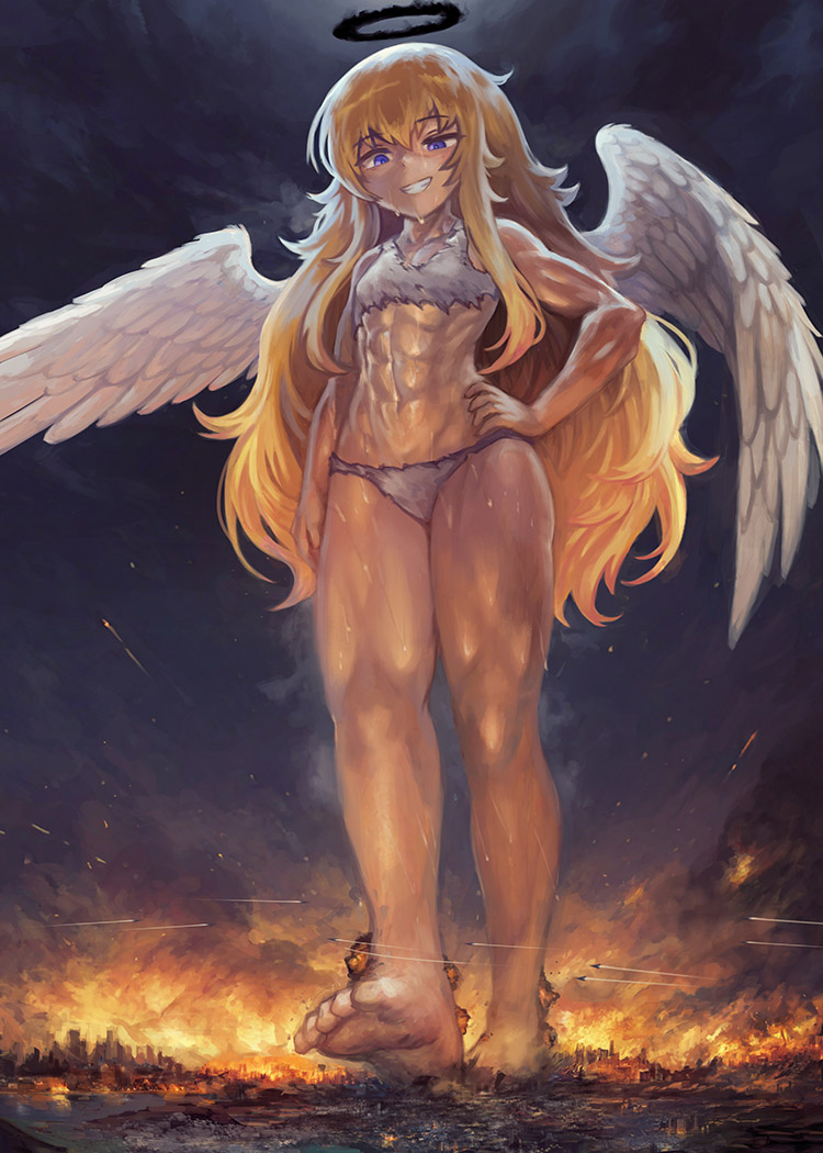 1girls 2d angel angel_wings blonde_hair blue_eyes city_destruction color corrupted_halo destruction explosion gabriel_dropout giantess giga_giantess halo hand_on_hip long_hair macro muscular_female rampage small_breasts smug sweat sweaty_body tenma_gabriel_white toned_thighs torn_clothes yilx