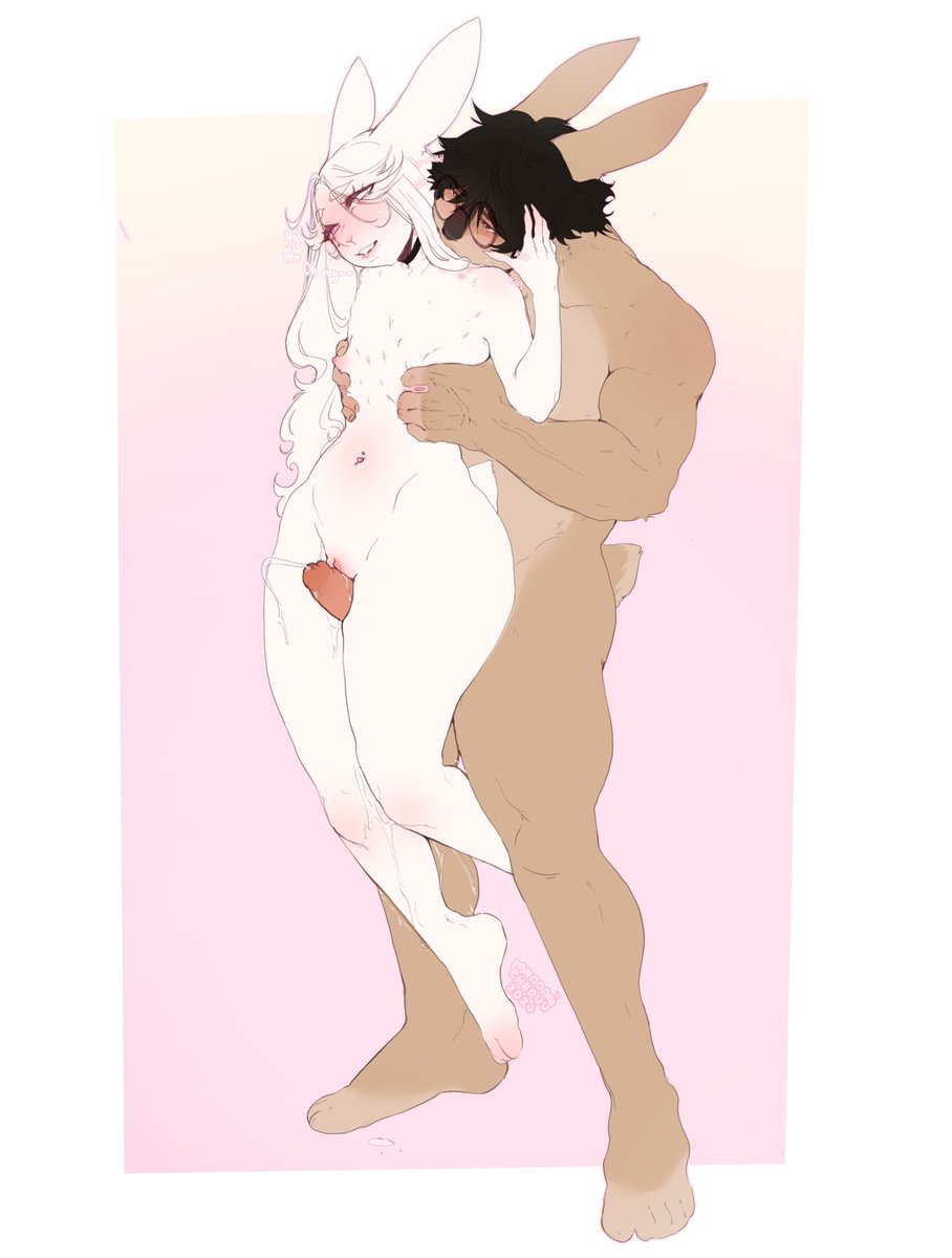 1boy, 1girls, anthro, apple (nadacheruu), areolae, black hair, blush, commission, female, flat chest, lagomorph, leporid, lifting, lifting partner, long hair, male, nadacheruulewd, narrowed eyes, nipple pinch, nipples, nude, nude female, nude male, penis, penis between thighs, pussy, thick thighs, thigh sex, white hair