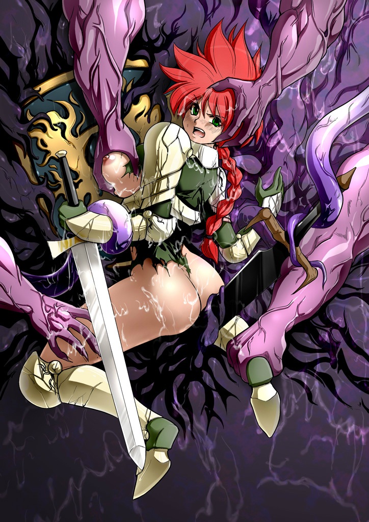 angry armor ass braid breast_grab breasts broken_armor character_request defeated female forced green_eyes groping hand_on_head knight large_breasts leg_grab monster nipples nothing_to_censor rape red_hair restrained souryu sword tentacle torn_clothes warrior weapon