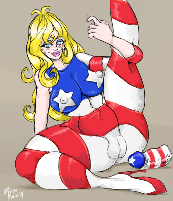 1girls 2014 american_flag american_flag_legwear ass big_breasts blonde_hair bodysuit breasts coonskin dildo female female_only freckles hair high_heels labia miss_america_(coonskin) nipples potionaholic solo