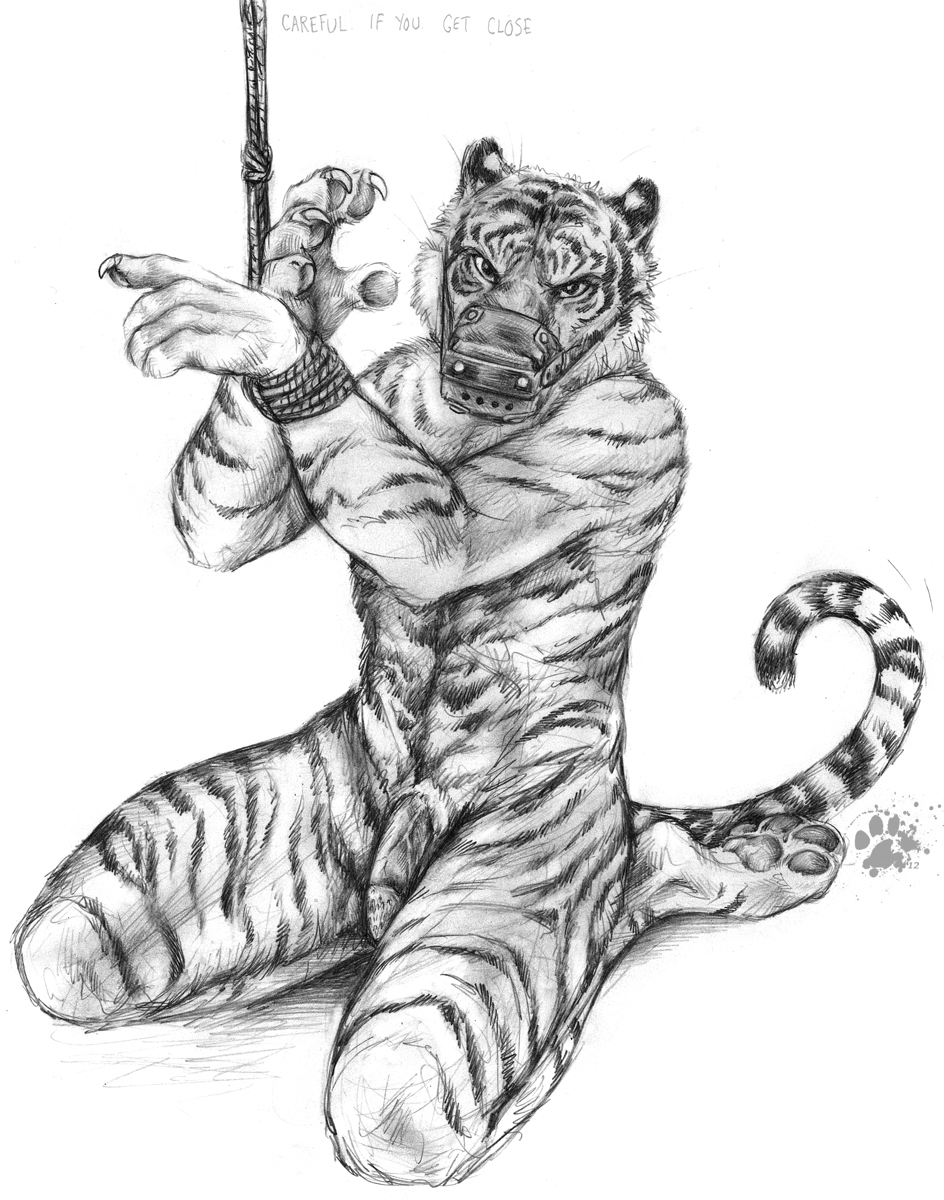 anthro blotch bondage bound feline fur furry male male_only mammal monochrome penis solo tiger