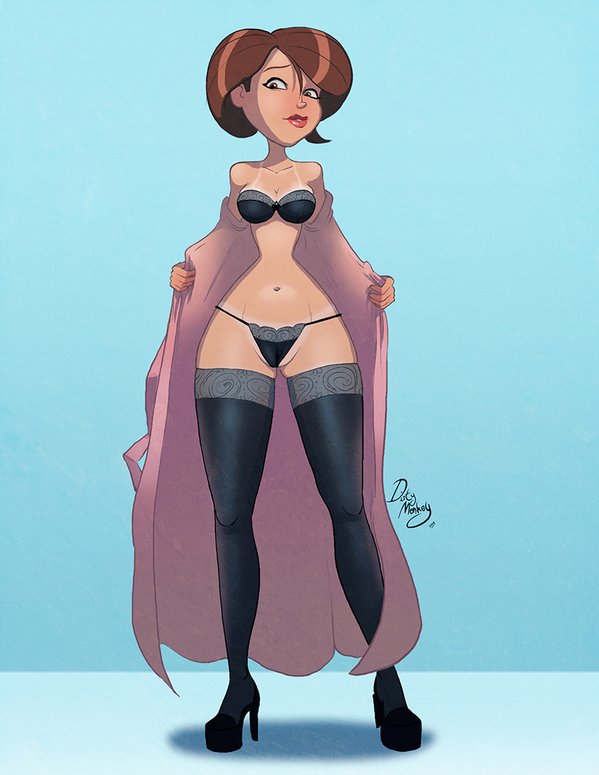 1girls, black bra, black legwear, black panties, black thighhighs, bra, breasts, brown eyes, brown hair, cleavage, clothing, disney, female, female only, helen parr, high heels, lace panties, lace-trimmed bra, lingerie, matching underwear, medium breasts, midriff, navel, open clothes, open robe, panties, partially visible vulva, pixar, pussy, short hair, smooth skin, solo, spread legs, standing, string panties, tan lines, the incredibles, thedirtymonkey, thighhighs, underwear, undressing, wide hips