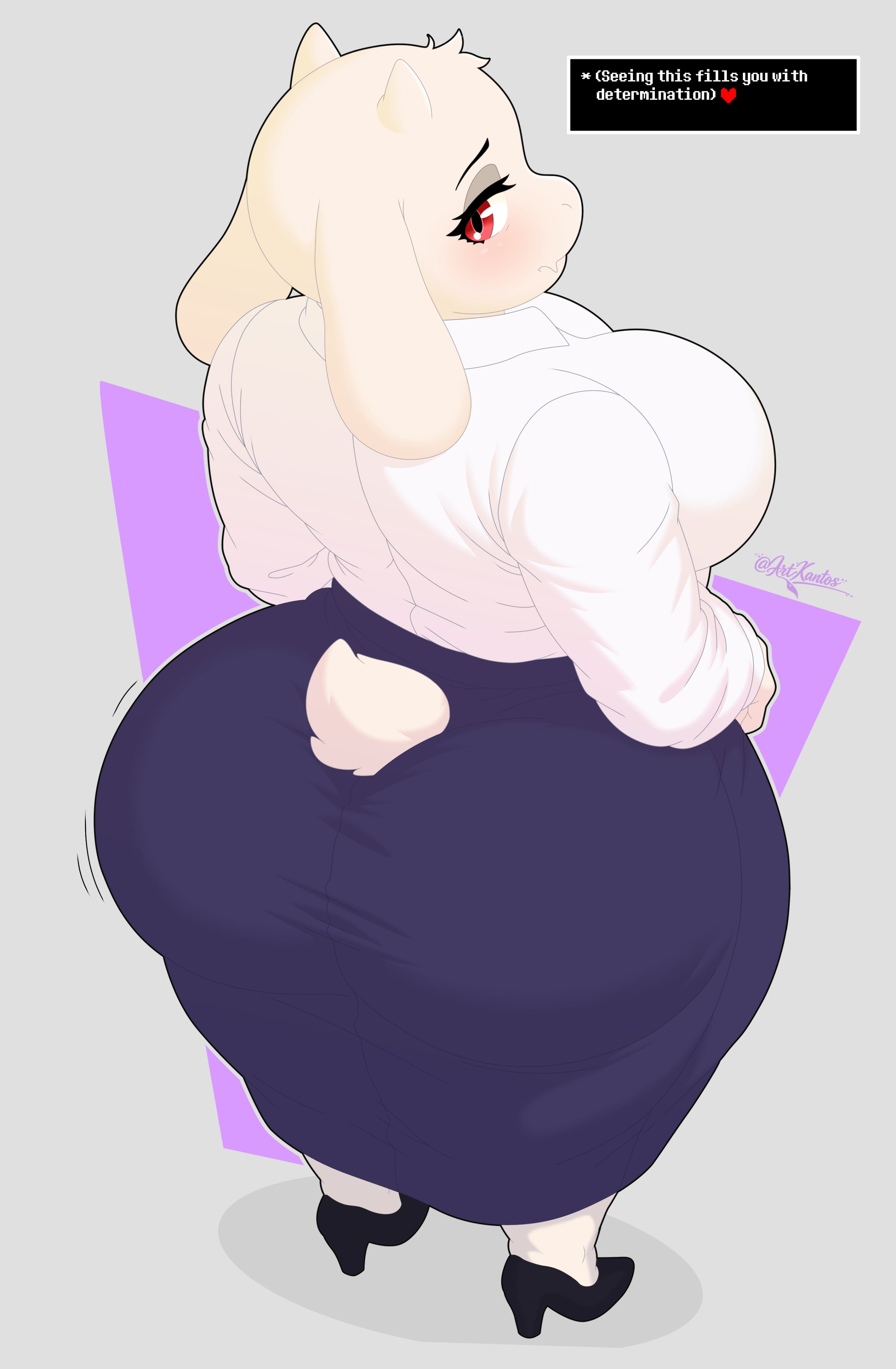1girls, anthro, anthro female, artist request, ass, behind view, big ass, blush, blushing, blushing female, english, english text, female, furry, furry female, goat, goat girl, goat horns, heart, heels, horns, huge ass, office clothing, office lady, red eyes, text, toriel, undertale, undertale (series)