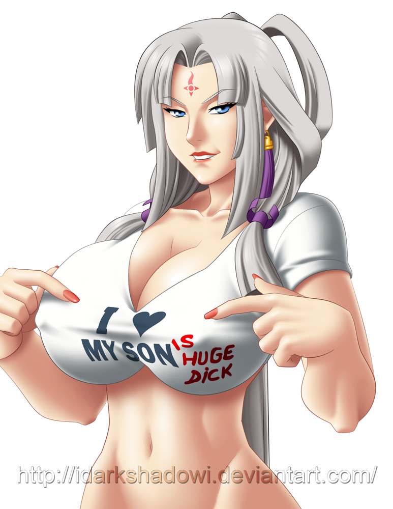 1girls arshtat_falenas biting_lip blue_eyes breasts busty cleavage clothes_writing clothing earrings female forehead_mark grey_hair hair_ribbon hourglass_figure implied_incest large_breasts lipstick long_hair looking_at_viewer milf nail_polish navel nipples pointing ribbon silver_hair simple_background solo suikoden suikoden_v t-shirt thedarkness voluptuous white_background