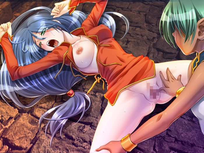 blue_hair breasts censored china_dress clothing dark_skin elf female foless green_hair ikazuchi_no_senshi_raidy kazuma_muramasa long_hair multiple_girls nipple open_clothes screaming vaginal_penetration wince yuri