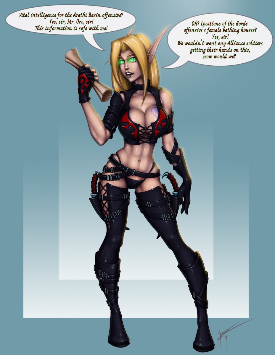 abs, black panties, blizzard entertainment, blood elf, breasts, bushido, cleavage, female, glowing eyes, green eyes, panties, solo, warcraft, world of warcraft