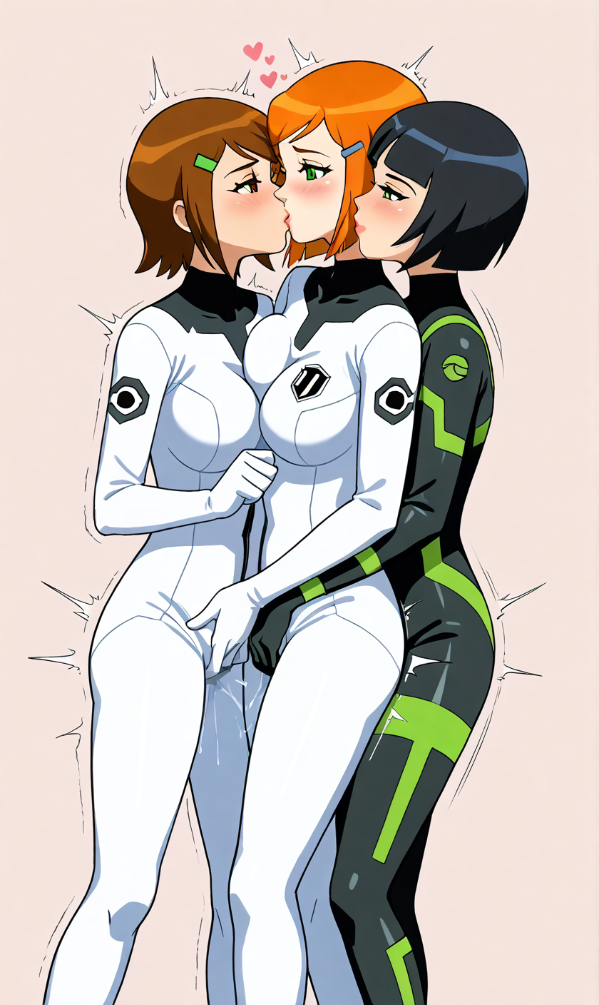 ai_generated ben_10 ben_tennyson bodysuit female female_only fff_threesome fingering genderswap genderswap_(mtf) group group_sex gwen_tennyson julie_yamamoto rule_63 shaking skin_tight yuri