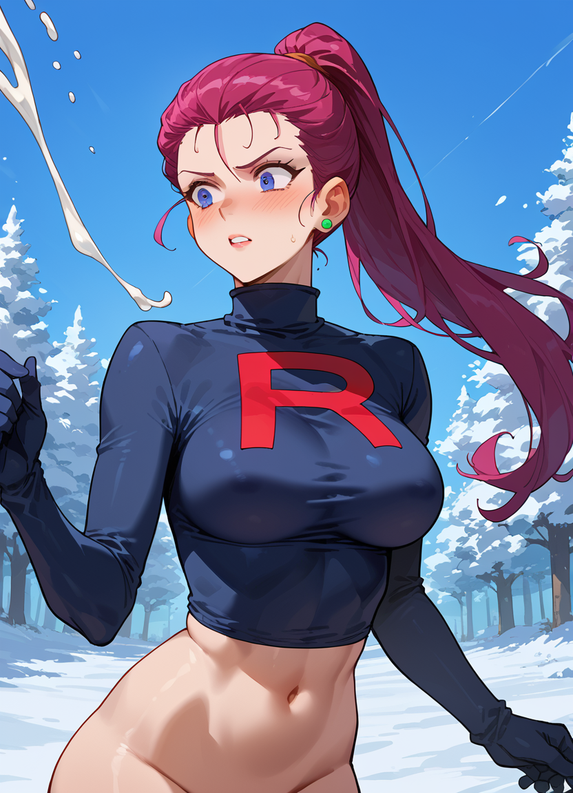 ai_generated anime_style cumshot jessie_(pokemon) pokemon ponytail snow surprise team_rocket winter