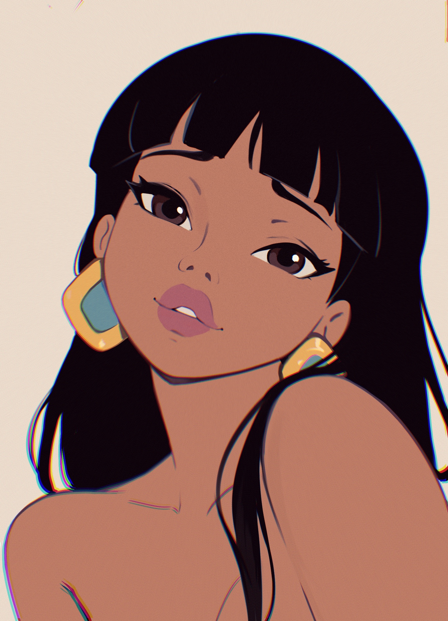 1girls, bare shoulders, black hair, brown eyes, chel, chel (the road to el dorado), earrings, female, lips, looking at viewer, mewmirth, tan skin, tan-skinned female, the road to el dorado