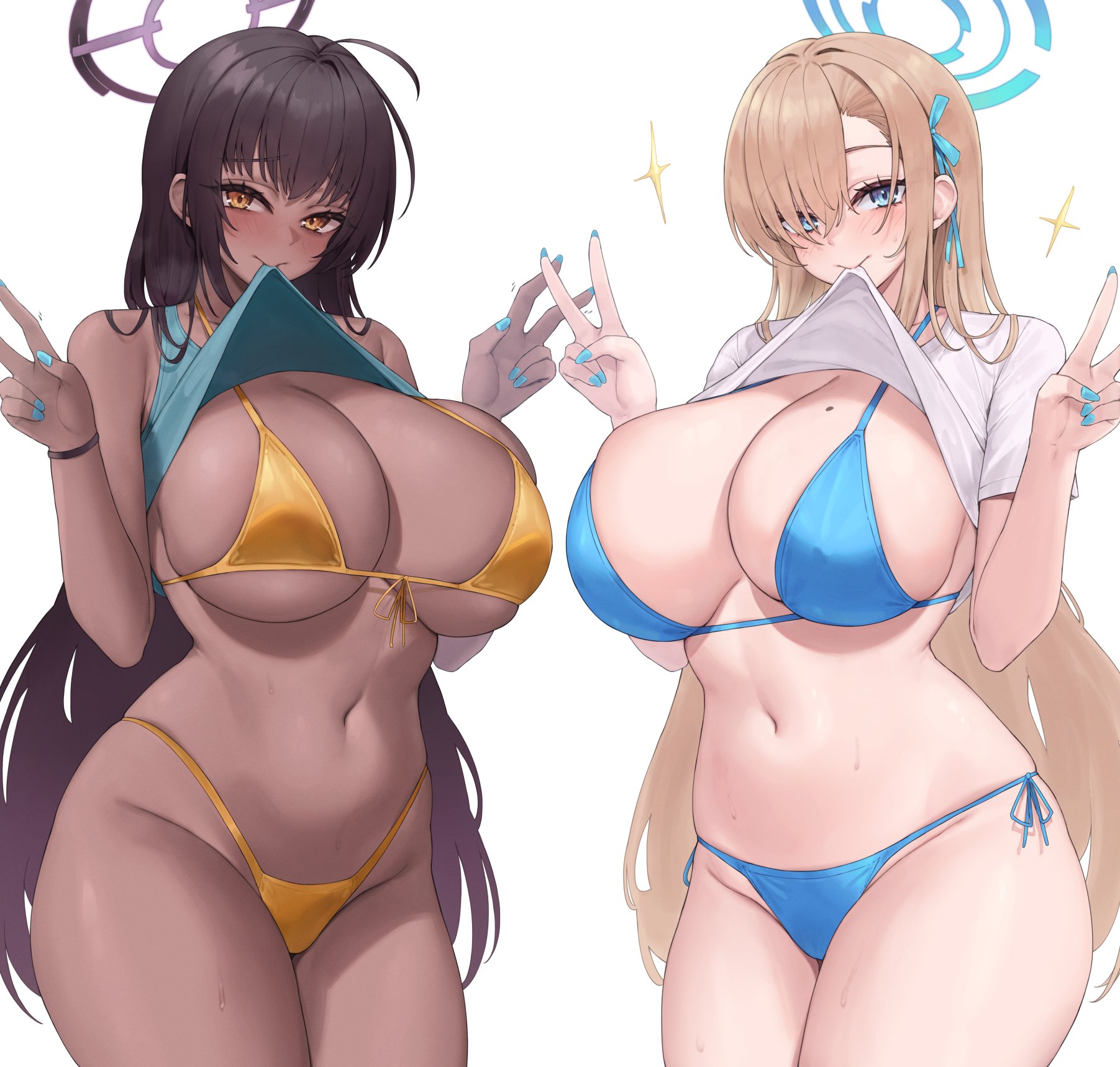 2girls, ass, asuna (blue archive), big ass, big breasts, big thighs, bikini, black hair, blonde hair, blue archive, blue eyes, blush, breasts, dark skin, dark-skinned female, female, female focus, female only, gigantic breasts, halo, hi res, higher resolution available, hips, huge ass, huge breasts, huge thighs, karin (blue archive), kuavera, light skin, light-skinned female, long hair, looking at viewer, millennium science school student, naughty, naughty face, smile, smiling, smiling at viewer, tagme, thick hips, thick thighs, thighs, wide hips, yellow eyes