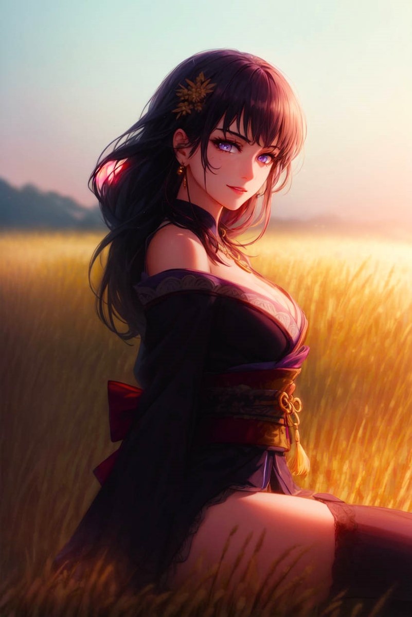 1girls black_stockings curvy_figure divine_beauty dusk evening genshin_impact heavenly_face japanese_clothes large_breasts nature purple_hair raiden_shogun stockings toongenai video_game video_game_character wilderness