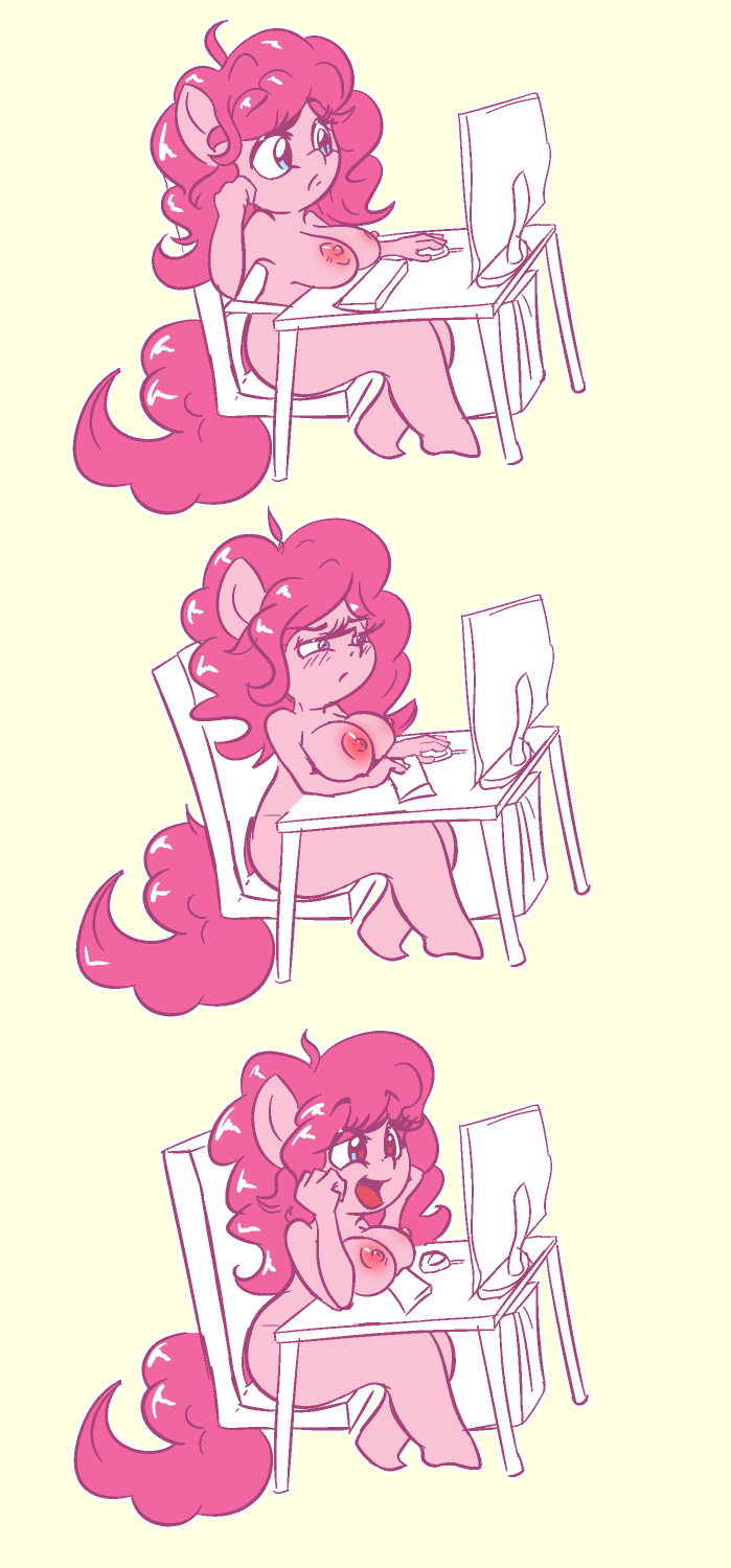 anthro big_breasts blue_eyes breasts computer curled_hair electronics equid equine excited female friendship_is_magic hair hasbro hi_res horse mammal my_little_pony nipples pink_body pink_hair pinkie_pie_(mlp) pony poofy_hair smile snus-kun solo