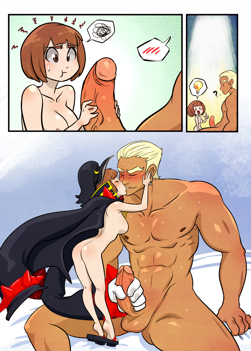 1boy 1girls blonde_hair blush breasts brown_hair closed_eyes comic dark_skin female frown gamagoori_ira hair handjob happy happy_sex hat huge_cock ira_gamagori it'll_never_fit kill_la_kill kissing male mankanshoku_mako my_pet_tentacle_monster penis short_hair size_difference uncensored wholesome