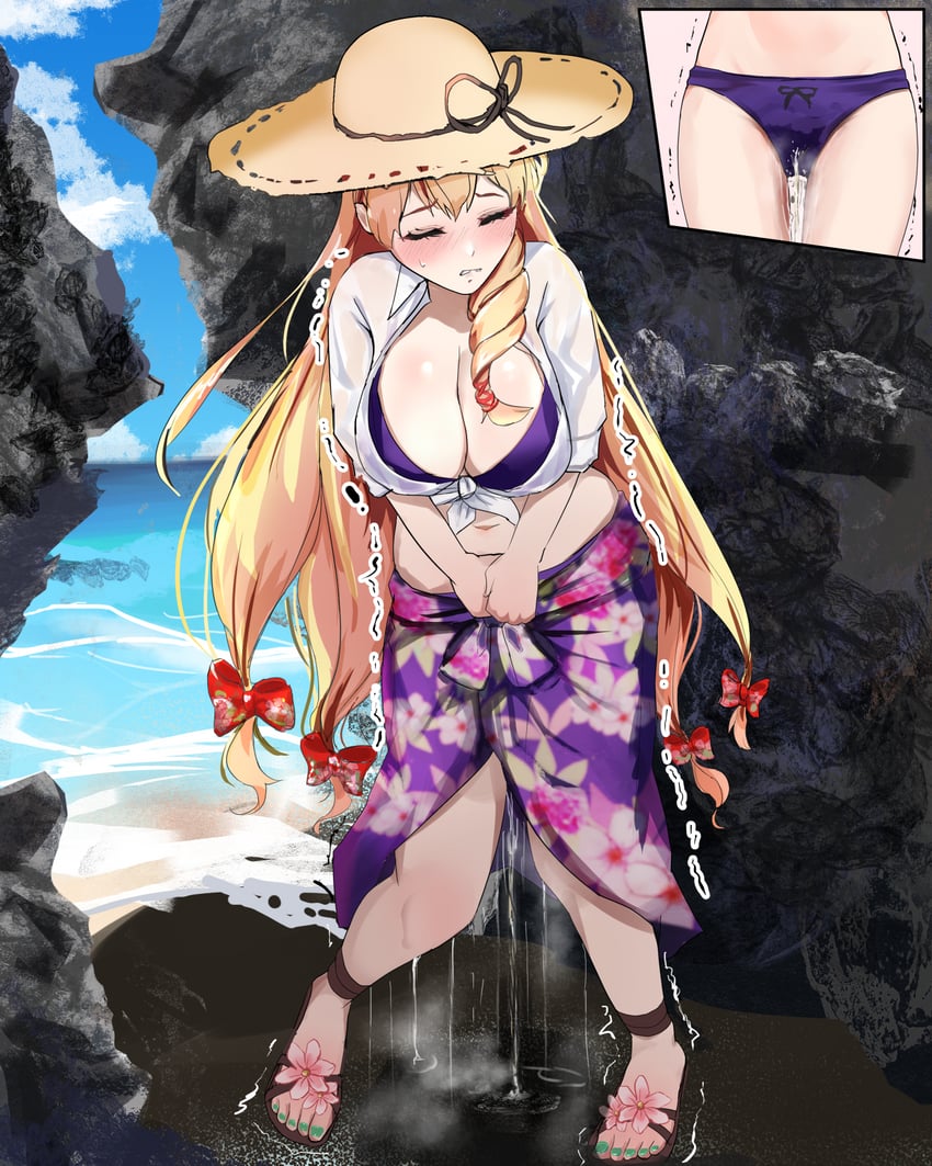 1girls alternate_costume beach big_breasts blonde_hair blush breasts closed_eyes embarrassed feet_apart michinoku_(michino934) panties peeing peeing_self peeing_through_clothing peeing_through_panties pissing_self purple_panties sandals standing sun_hat swimsuit touhou touhou_lost_word touhou_project urine wet_panties wetting wetting_self woman yakumo_yukari yukari_yakumo