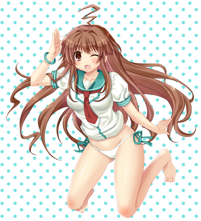 ahoge barefoot bracelet brown_eyes brown_hair feet jewelry kantai_collection kuma_(kantai_collection) long_hair no_pants panties polka_dot polka_dot_background school_uniform serafuku side-tie_panties underwear white_panties wink yukidarumatan