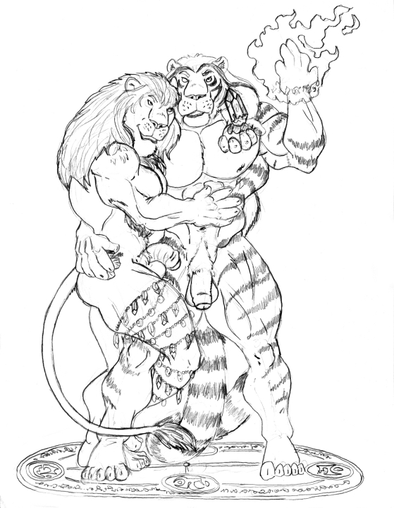 abs anthro ass balls biceps big_muscles crystal embrace feline fire fur furry jewelry lion magic male male_only mammal multiple_males muscles pecs penis plain_background rys_khyrsal sketch sudonym tiger uncut white_background yaoi