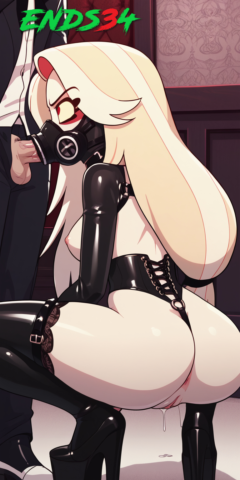 ai_generated bdsm_outfit blonde_hair blowjob bondage charlie_morningstar_(hazbin_hotel) ends34 female female_focus hazbin_hotel long_hair oral oral_sex squatting