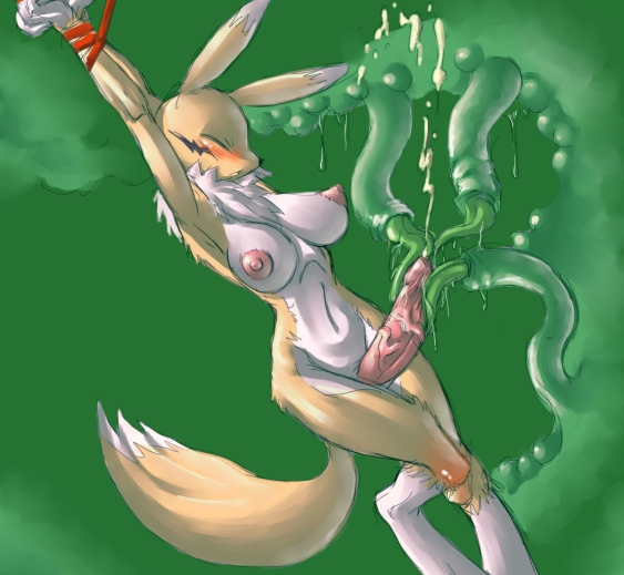 1futa animal_ears areolae armpits arms_up blush bondage bound_arms bound_wrists breasts breasts_apart closed_eyes cum digimon ejaculation female fur furry futanari green_background hips intersex l1zardman large_areolae large_nipples large_penis legs navel nipples nude open_mouth penis profile rape renamon sketch solo_futa tail tentacle uncensored veins veiny_penis wince