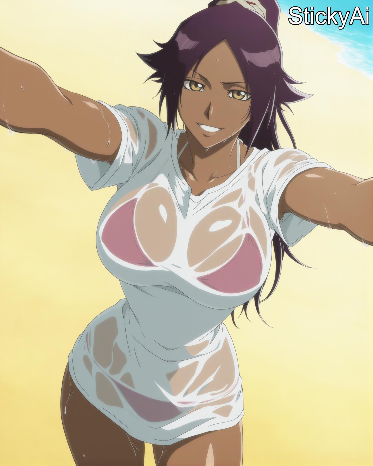 ai generated, beach, bleach, bleach: the thousand-year blood war, breasts, dark skin, dark-skinned female, female, female only, large breasts, shihouin yoruichi, stickyai, yellow eyes