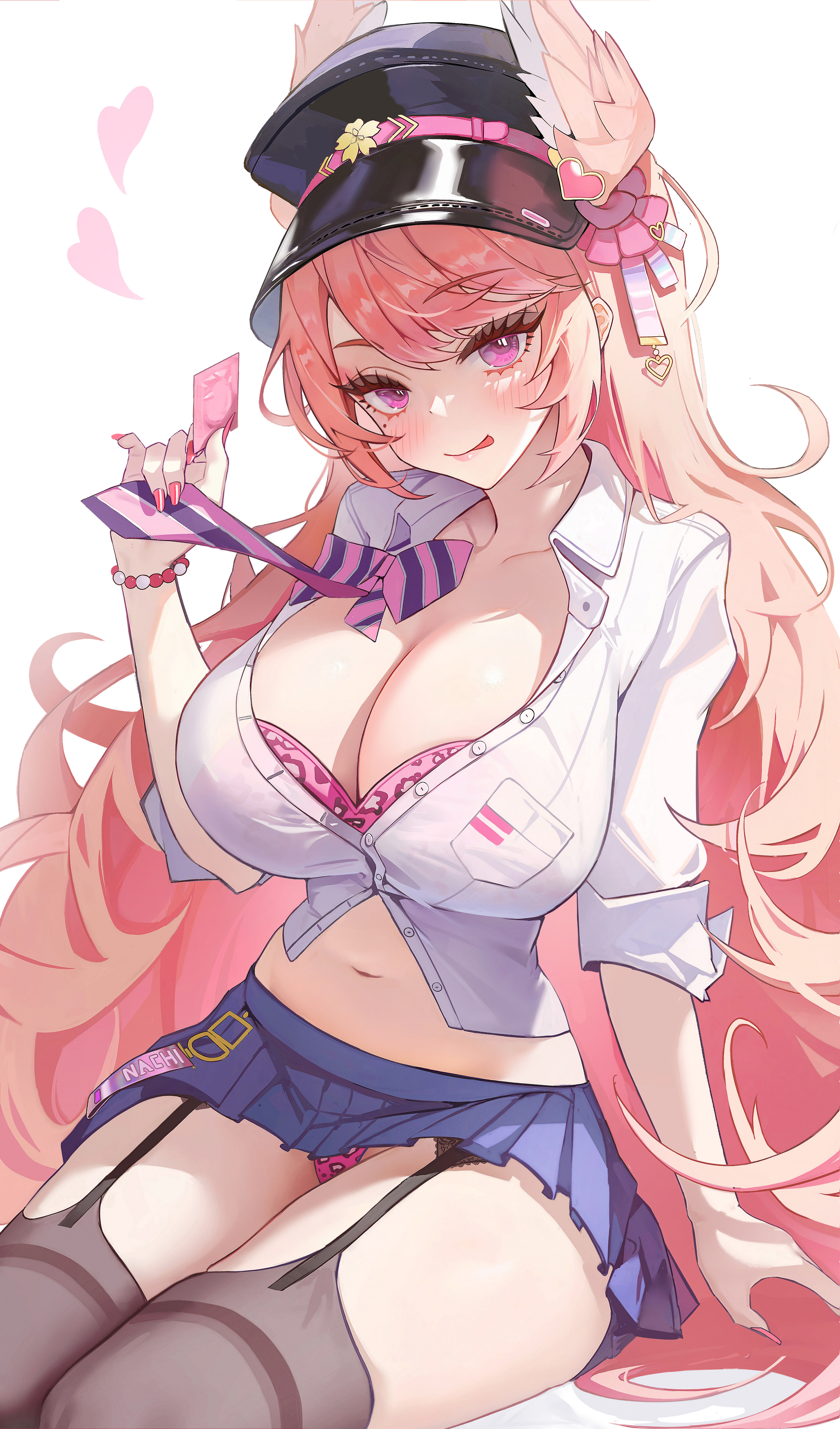 1girls, azur lane, bead bracelet, beads, big breasts, black headwear, black legwear, black thighhighs, blue skirt, blush, bra, bra peek, bracelet, breasts, cleavage, closed mouth, collarbone, collared shirt, condom, condom wrapper, crossed legs, female, female only, garter straps, hat, head wings, heart, holding, holding condom, jewelry, large breasts, light skin, light-skinned female, long hair, looking at viewer, midriff, miniskirt, nachi (azur lane), nachi (retrofit) (azur lane), nail polish, navel, necktie, one eye closed, orange hair, panties, pantyshot, partially unbuttoned, pink bra, pink eyes, pink hair, pink nails, pink necktie, pink panties, pleated skirt, retrofit (azur lane), rigging, sakura empire (azur lane), school uniform, shirt, simple background, sitting, skirt, smile, solo, ssr (azmr2828), stockings, thighhighs, thighs, tongue, tongue out, underwear, unopened condom wrapper, very long hair, white background, white shirt, wings, wink