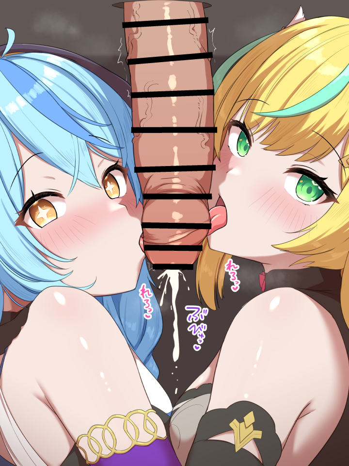 1boy 2girls blonde_hair blue_hair blush cum fellatio green_eyes green_hair licking licking_penis multiple_girls nijisanji nisshisshi oral penis symbol-shaped_pupils symmetrical_docking tachitsute_toto tamanoi_nana virtual_youtuber yellow_eyes