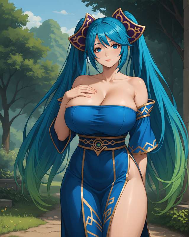 1girls ai_generated blue_eyes blue_hair busty_female clothing hand_on_breast large_breasts league_of_legends light-skinned_female light_skin looking_at_viewer outdoors siahken smile sona_buvelle tagme thick_thighs thighs twintails