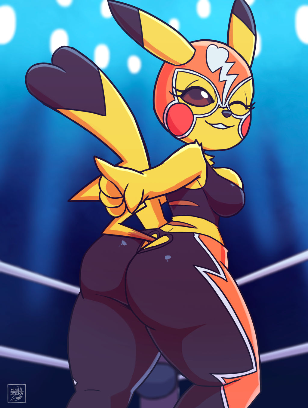 1girls 2022 anthro background big_ass clothed curvy deathzera digital_media_(artwork) female game_freak hi_res looking_back low-angle_view nintendo pikachu pikachu_libre pokemon pokemon_(species) shortstack smug solo tagme wrestling wrestling_outfit yellow_body